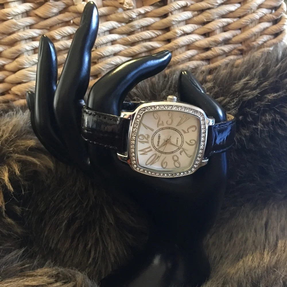 Ladies Embassy black leather rhinestone watch